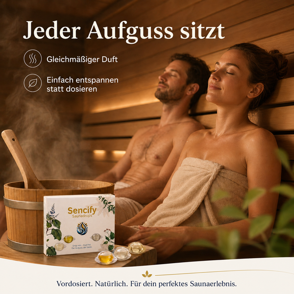 Entspannte Sauna Szene mit Saunadrops – gleichmäßiger Duft durch vordosierten Saunaaufguss ohne Dosieren oder Aufwand