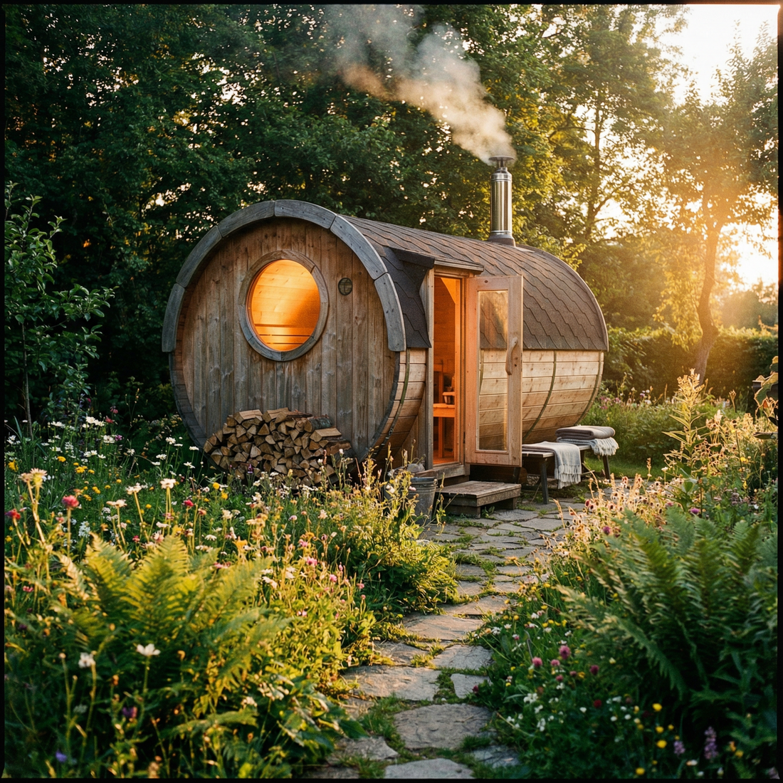 Eine gemütliche Fasssauna im Garten als beliebte und kompakte Lösung.
