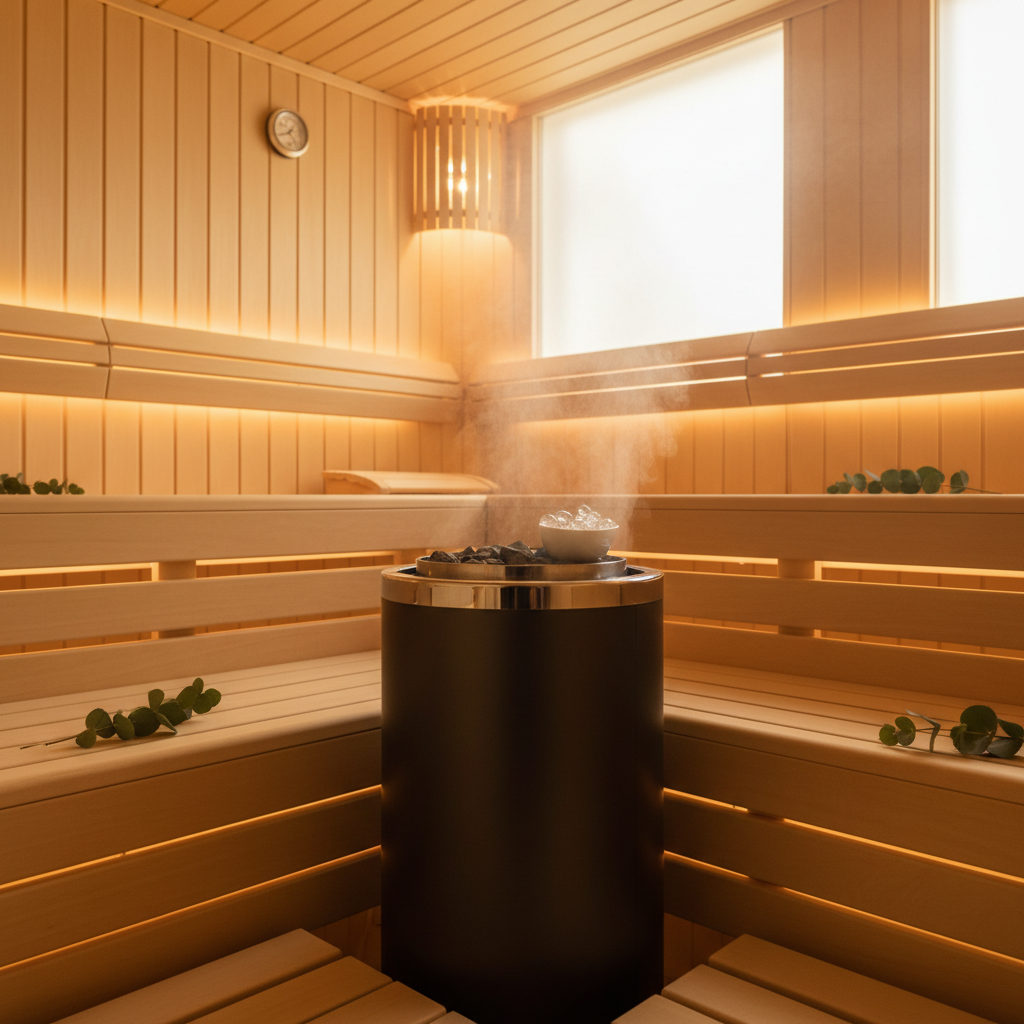 Bio-Sauna mit modernem Verdampfer-Ofen und Aromaschale für Saunadrops – sanfte Dampfentwicklung im Sanarium