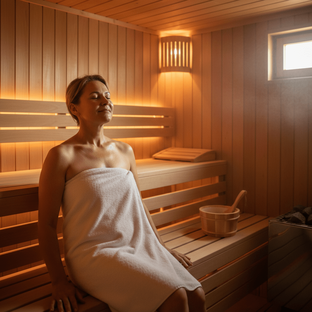 Entspannte Person in der Sauna profitiert von natürlicher Blutdrucksenkung bei milder Hitze.