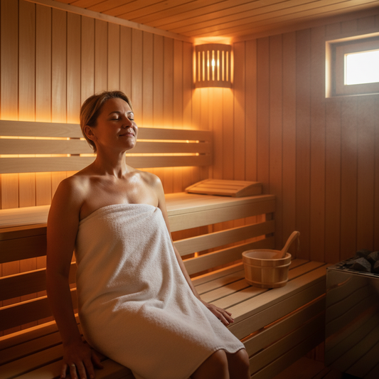Entspannte Person in der Sauna profitiert von natürlicher Blutdrucksenkung bei milder Hitze.