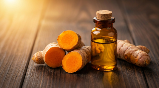 Ylang-Ylang ätherisches Öl in dunkler Glasflasche neben gelben Ylang-Ylang-Blüten auf edlem Saunaholz – luxuriöser Saunaaufguss für Tiefenentspannung