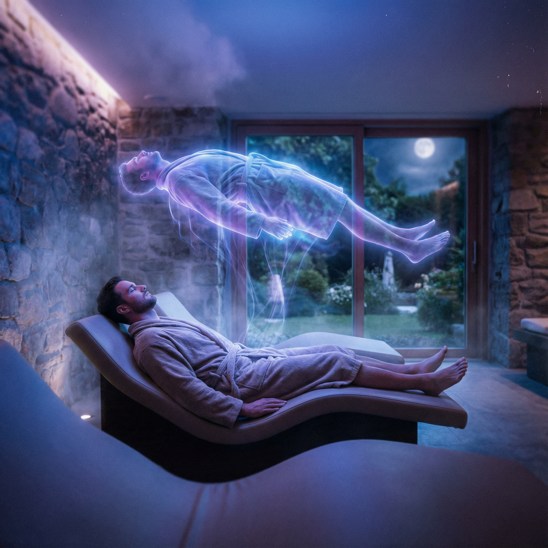 Ein Mann entspannt im Wellness-Sessel und gleitet mental in einen Klartraum über.