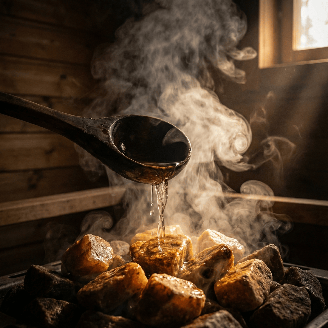 Ein hölzerner Saunalöffel gießt Wasser auf heiße Saunasteine, wobei dichter Dampf aufsteigt.
