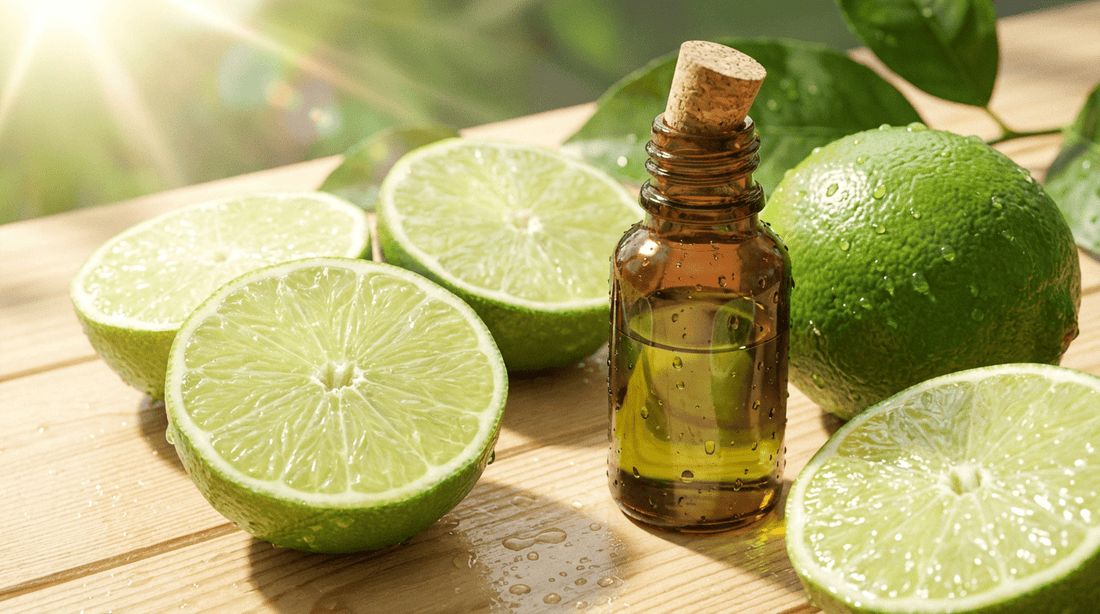 Limette ätherisches Öl in Glasflasche neben aufgeschnittenen frischen Limetten mit Wassertropfen auf hellem Saunaholz – spritziger tropischer Duft für den Saunaaufguss