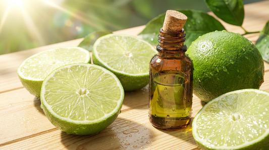 Limette ätherisches Öl in Glasflasche neben aufgeschnittenen frischen Limetten mit Wassertropfen auf hellem Saunaholz – spritziger tropischer Duft für den Saunaaufguss