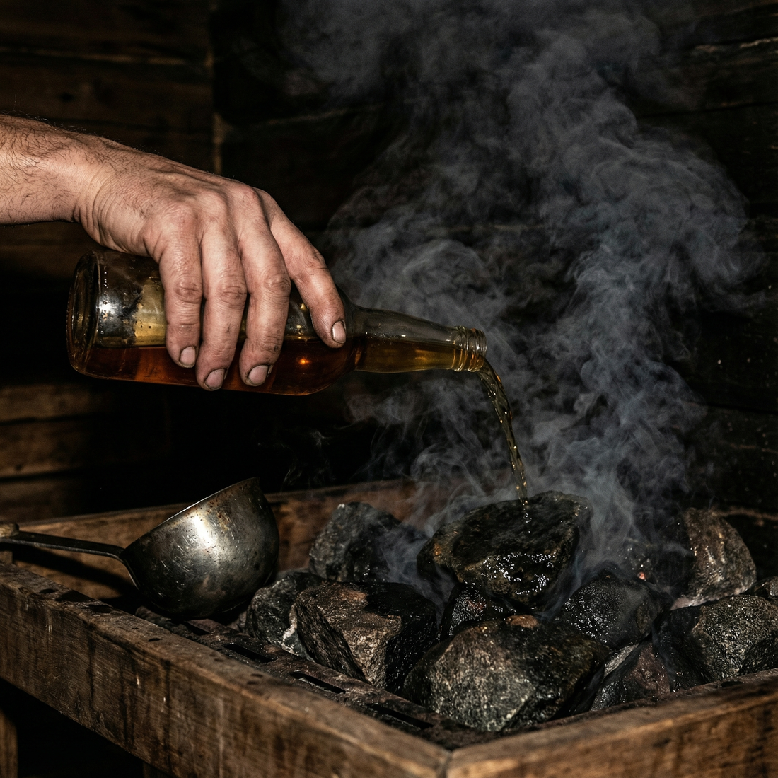 Jemand schüttet Bier auf Saunasteine und erzeugt dunklen Qualm.