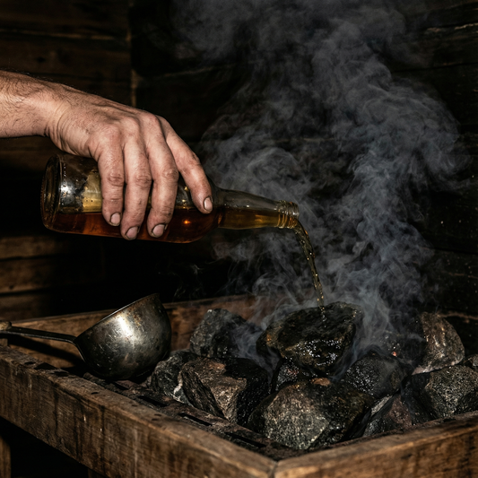 Jemand schüttet Bier auf Saunasteine und erzeugt dunklen Qualm.