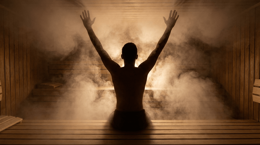 Saunagänger hebt die Arme beim Aufguss, um die Hitze des Löyly intensiv zu spüren.