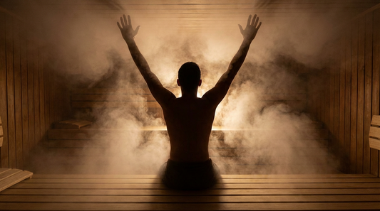 Saunagänger hebt die Arme beim Aufguss, um die Hitze des Löyly intensiv zu spüren.