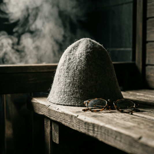 Ein einfacher grauer Filz-Saunahut liegt neben einer Brille auf einer hölzernen Saunabank.