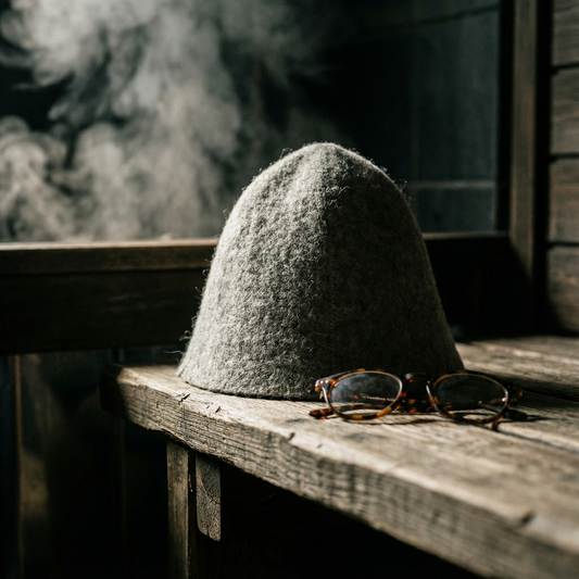 Ein einfacher grauer Filz-Saunahut liegt neben einer Brille auf einer hölzernen Saunabank.