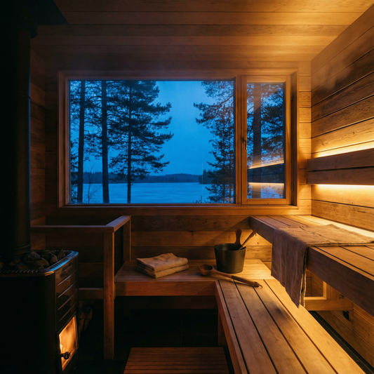 Blick in eine gemütlich beleuchtete Sauna mit Fenster zum abendlichen Dämmerungshimmel.