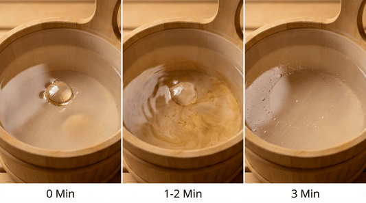 Saunadrops auflösen: Der Zeitraffer zeigt den Auflöseprozess im warmen Wasser – von intakt (0 Min) über weich werdend (1-2 Min) bis vollständig aufgelöst (3 Min)