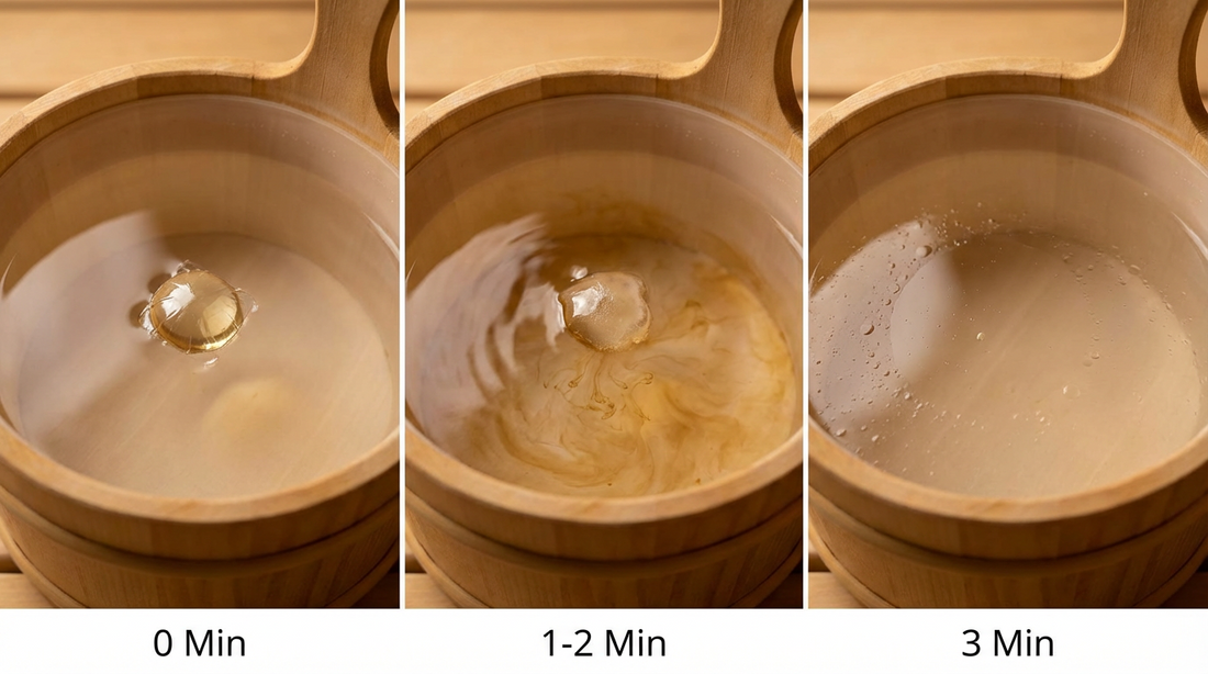 Saunadrops auflösen: Der Zeitraffer zeigt den Auflöseprozess im warmen Wasser – von intakt (0 Min) über weich werdend (1-2 Min) bis vollständig aufgelöst (3 Min)