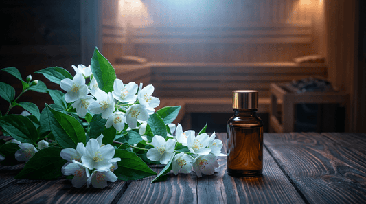 Jasmin ätherisches Öl in eleganter Glasflasche mit frischen weißen Jasminblüten auf dunklem Saunaholz für betörenden Saunaaufguss
