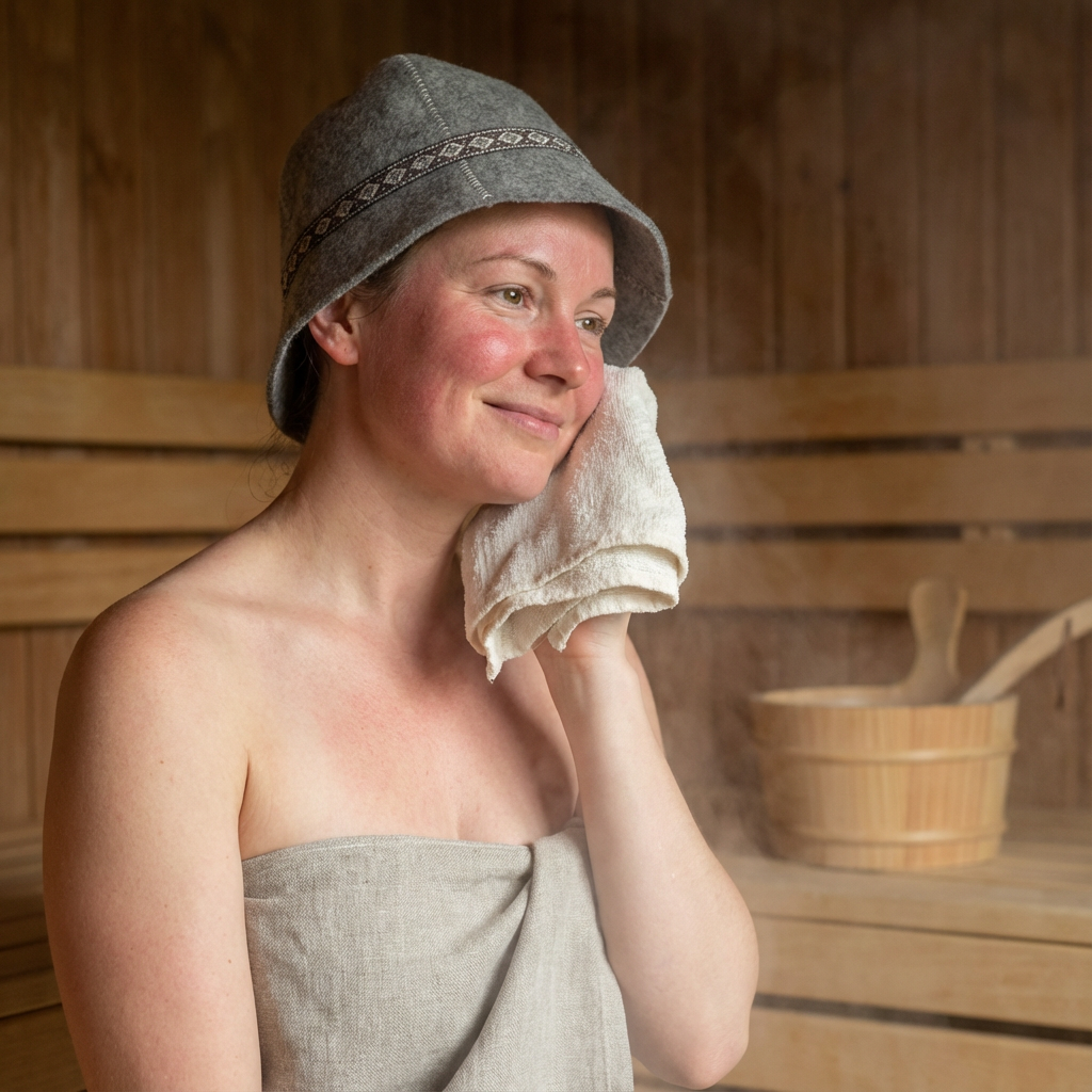 Hautpflege in der Sauna: Ein Saunahut schützt die Haare vor Spliss, kühle Tücher helfen bei Rosazea.