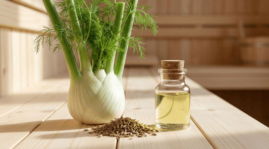 Fenchel ätherisches Öl in Glasflasche mit frischer Fenchelknolle und getrockneten Fenchelsamen auf hellem Saunaholz für aromatischen Saunaaufguss