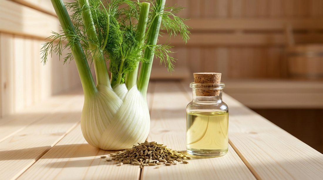 Fenchel ätherisches Öl in Glasflasche mit frischer Fenchelknolle und getrockneten Fenchelsamen auf hellem Saunaholz für aromatischen Saunaaufguss