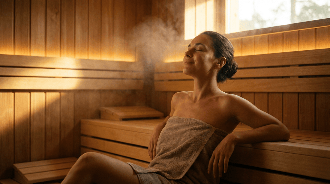 Die positive Wirkung von ätherischen Ölen beim Saunaaufguss genießen. Frau sitz in der sauna und entspannt