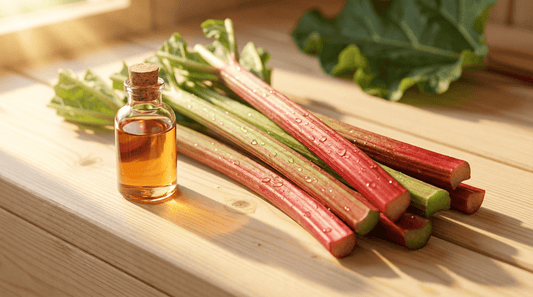 Frische Rhabarberstangen mit Wassertropfen neben Duftölflasche auf hellem Saunaholz für fruchtigen Saunaaufguss im Sommer