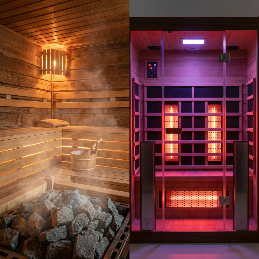 Links die klassische Finnische Sauna mit Ofen, rechts die moderne Infrarotkabine mit Strahlern im Vergleich.