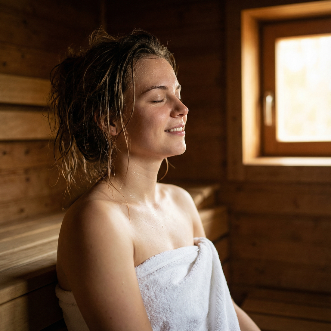 Eine entspannte Frau sitzt mit geschlossenen Augen in der Sauna und atmet tief durch.