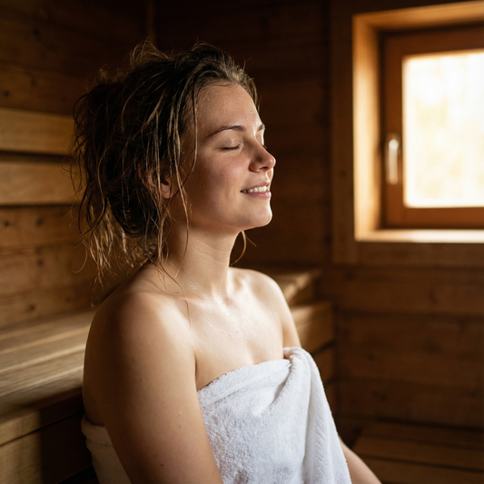 Eine entspannte Frau sitzt mit geschlossenen Augen in der Sauna und atmet tief durch.