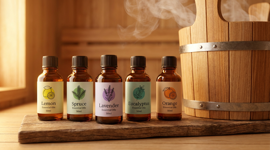 Auswahl ätherischer Öle in braunen Apothekerfläschchen mit Zitrone Fichte und Lavendel neben Saunaeimer für den perfekten Saunaaufguss