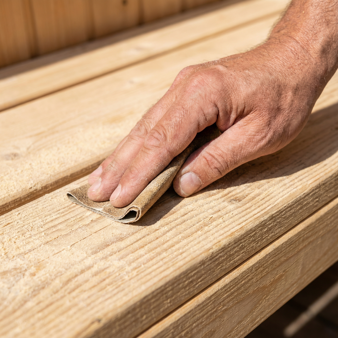 Ein Mann entfernt Flecken auf der Saunabank mit Schleifpapier beim Sauna reinigen.