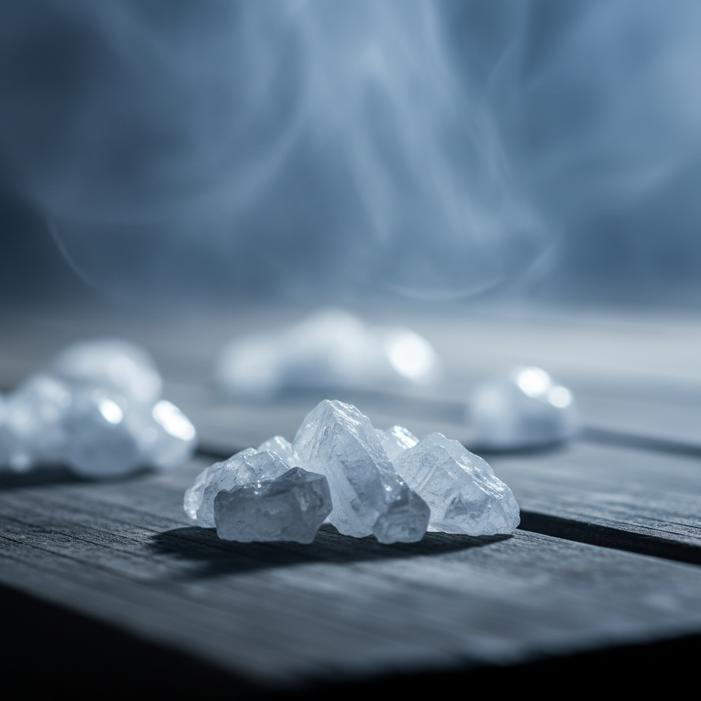 Reine Mentholkristalle auf Saunaholz – transluzente eisartige Kristalle für den intensiven Frische-Kick beim Saunaaufguss