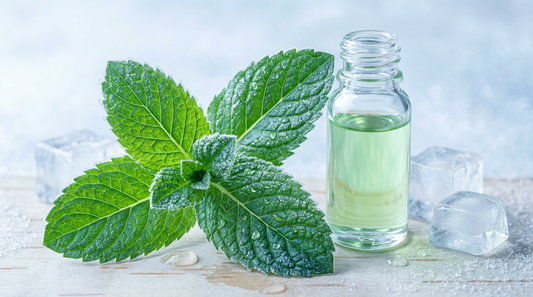 Pfefferminze ätherisches Öl in Glasflasche neben frischen Minzblättern mit Frost-Effekt auf Saunaholz – der ultimative Frische-Kick für den Saunaaufguss