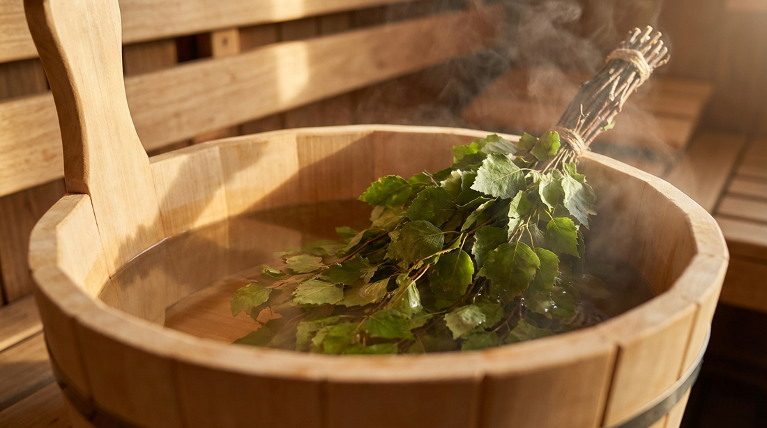 Saunabesen (Venik) in warmem Wasser einweichen für die perfekte Banja-Massage.