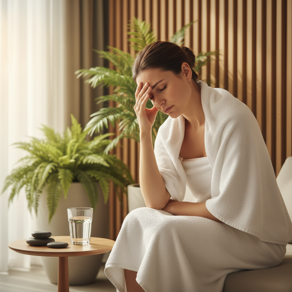  Kopfschmerzen nach Sauna: Person hält sich erschöpft die Stirn im Ruhebereich – der typische Sauna-Kater nach dem Wellnessbesuch