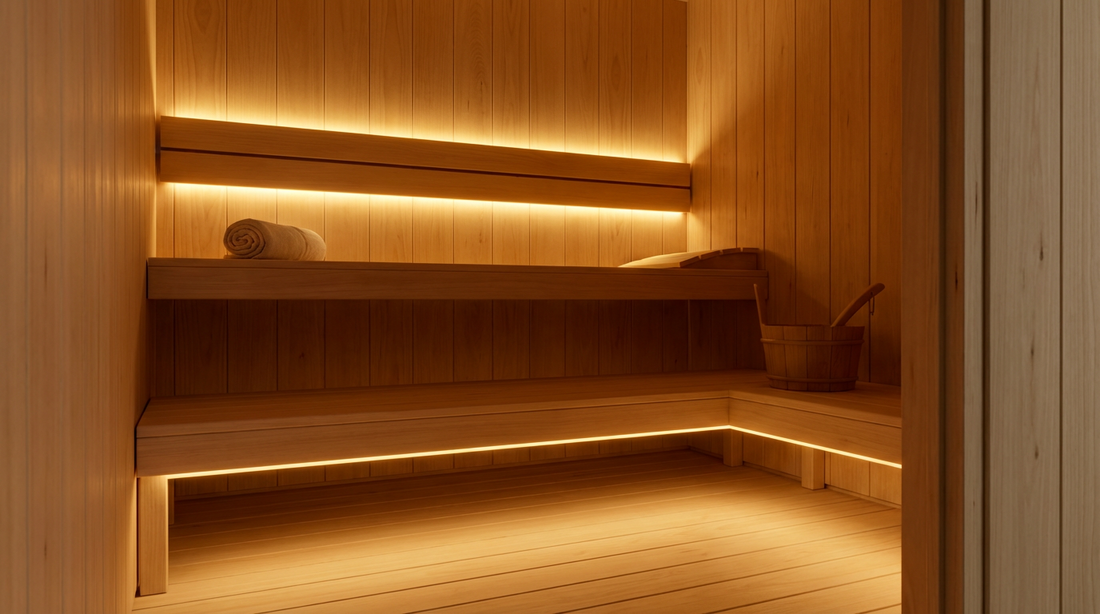 Moderne Sauna Beleuchtung mit indirektem LED Licht hinter der Rückenlehne und unter der Bank für entspannte Wellness Atmosphäre