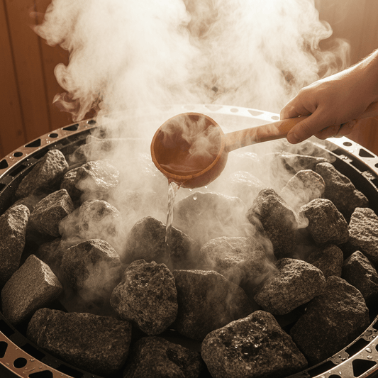 Wasseraufguss auf heißen Olivindiabas Saunasteinen für perfekten Dampf.