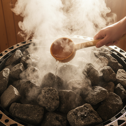 Wasseraufguss auf heißen Olivindiabas Saunasteinen für perfekten Dampf.