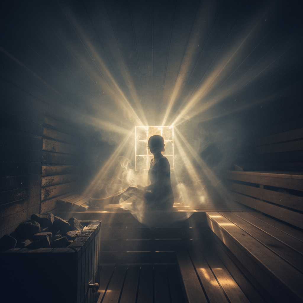 Löyly Bedeutung: Der Geist der Sauna manifestiert sich im heißen Dampf der Rauchsauna.