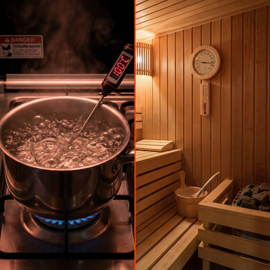 Vergleich zwischen kochendem Wasser und 100 Grad heißer Saunaluft – warum eines verbrennt und das andere entspannt.
