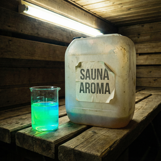 Ein großer Plastikkanister mit synthetischem Sauna-Konzentrat und künstlich gefärbter Flüssigkeit.