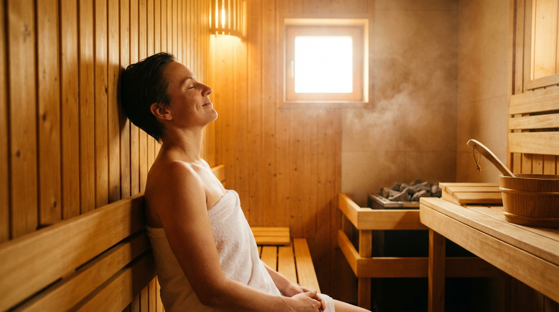 Person findet Ruhe in warm beleuchteter Sauna als Unterstützung bei Depression und seelischen Tiefs