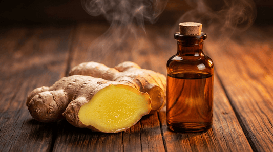 Ingwer ätherisches Öl in Braunglasflasche mit frischer angeschnittener Ingwerwurzel auf rustikalem Saunaholz für wärmenden Saunaaufguss