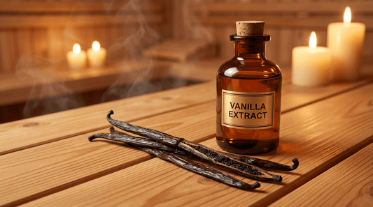 Vanille ätherisches Öl in Braunglasflasche mit echten schwarzen Vanilleschoten auf warmem Saunaholz für entspannenden Saunaaufguss