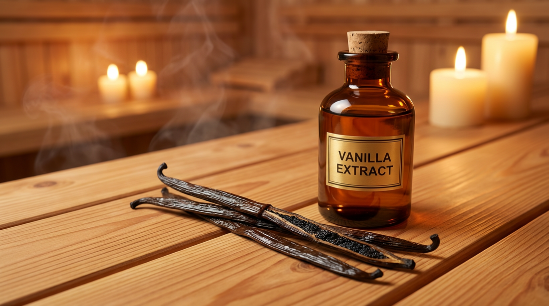 Vanille ätherisches Öl in Braunglasflasche mit echten schwarzen Vanilleschoten auf warmem Saunaholz für entspannenden Saunaaufguss