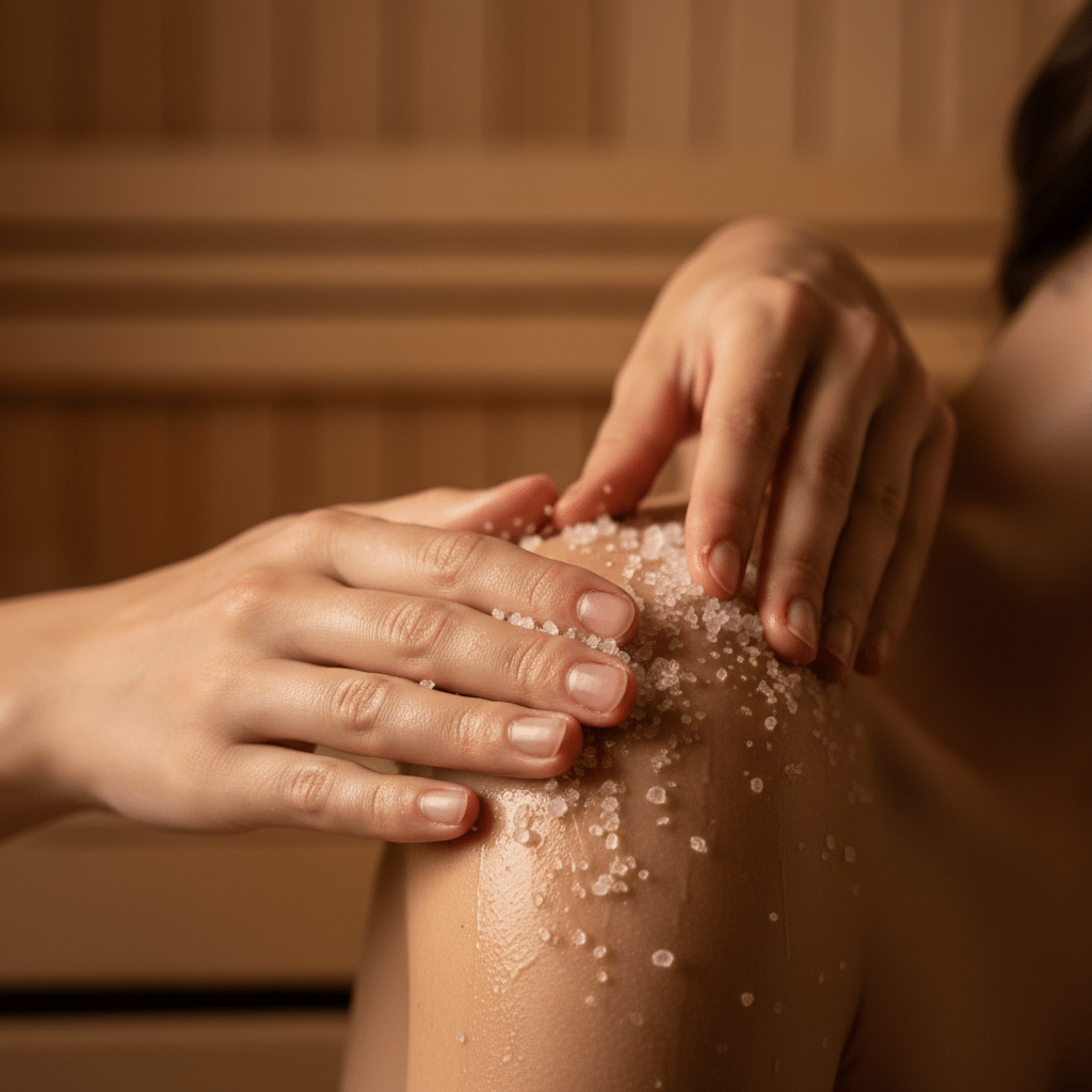 Salzpeeling Sauna Anwendung: Grobes Meersalz wird sanft auf feuchte Haut aufgetragen – natürliches Peeling für samtweiche Haut