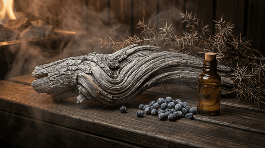 Wacholderholz ätherisches Öl in Glasflasche neben knorrigem Wacholderholz und dunklen Beeren auf rustikalem Saunaholz – erdiger reinigender Duft für den Saunaaufguss