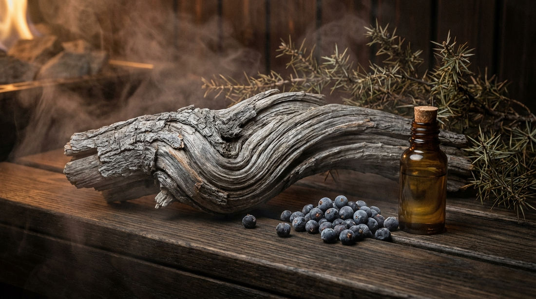 Wacholderholz ätherisches Öl in Glasflasche neben knorrigem Wacholderholz und dunklen Beeren auf rustikalem Saunaholz – erdiger reinigender Duft für den Saunaaufguss