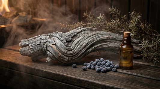 Wacholderholz ätherisches Öl in Glasflasche neben knorrigem Wacholderholz und dunklen Beeren auf rustikalem Saunaholz – erdiger reinigender Duft für den Saunaaufguss