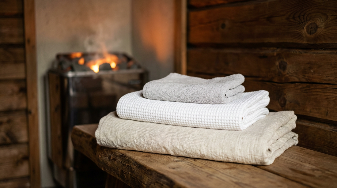 Drei unterschiedlich große Saunahandtücher gestapelt auf einer Holzbank in einer finnischen Sauna mit Saunaofen im Hintergrund