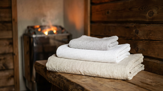 Drei unterschiedlich große Saunahandtücher gestapelt auf einer Holzbank in einer finnischen Sauna mit Saunaofen im Hintergrund